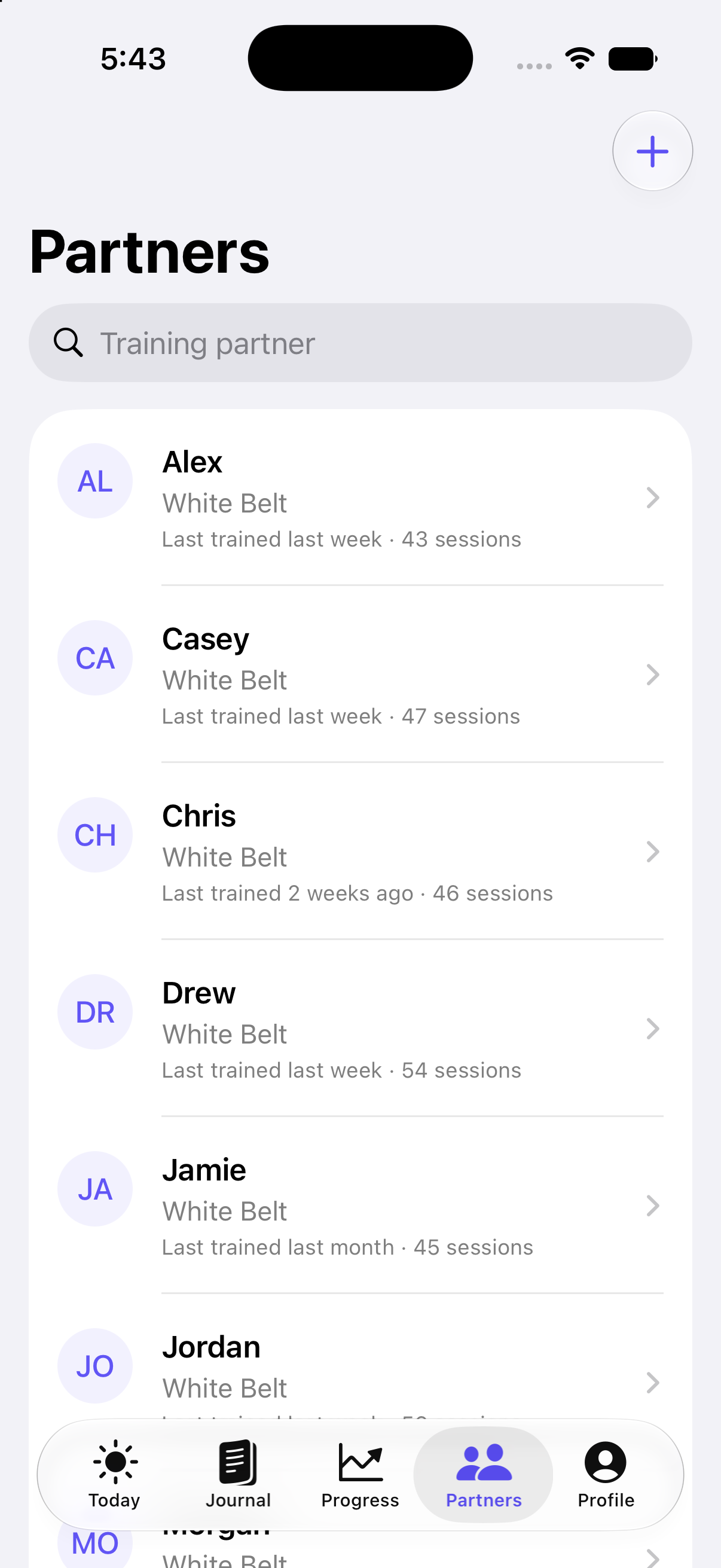 Training Partners screen showing shared session history